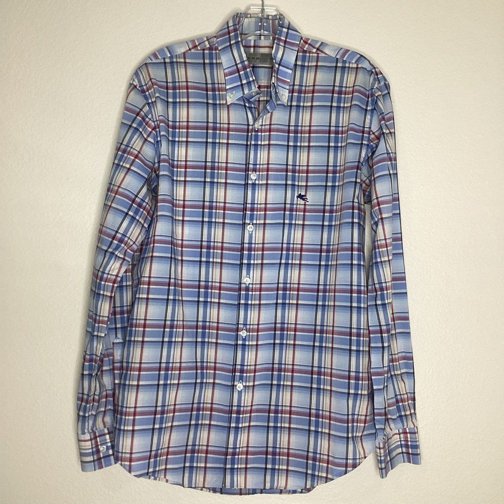 Etro Men’s Plaid Shirt Crest Blue Red IT 41 (L)